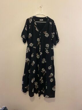 Sonoma Black Floral Midi Dress with Button V‑Neck